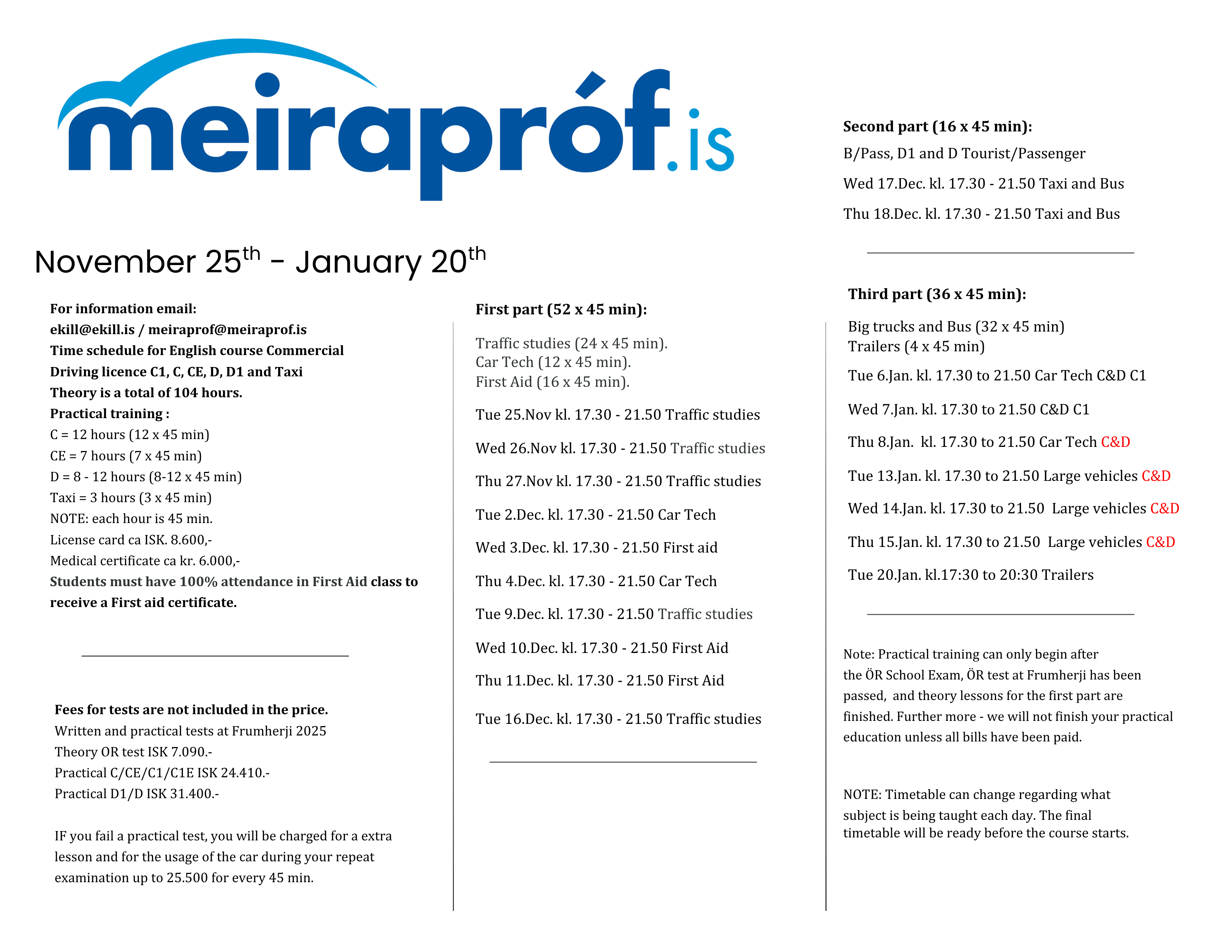 Timetable for November course